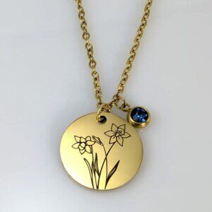 Handmade Gold Birth Flower & Birthstone on 20" Cable Chain Necklace